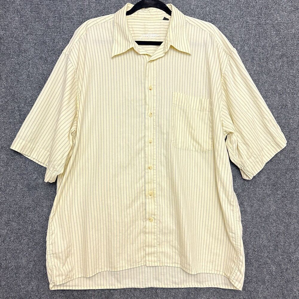 Jack Lipson Mens Short Sleeve Shirt XL Butter Yellow Blue Stripe Cotton Preppy - Picture 1 of 7